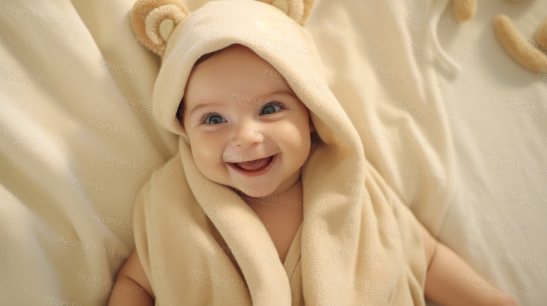 Buy stock photo Portrait of a happy baby wrapped in a towel or blanket. Toddler smiling after bath time