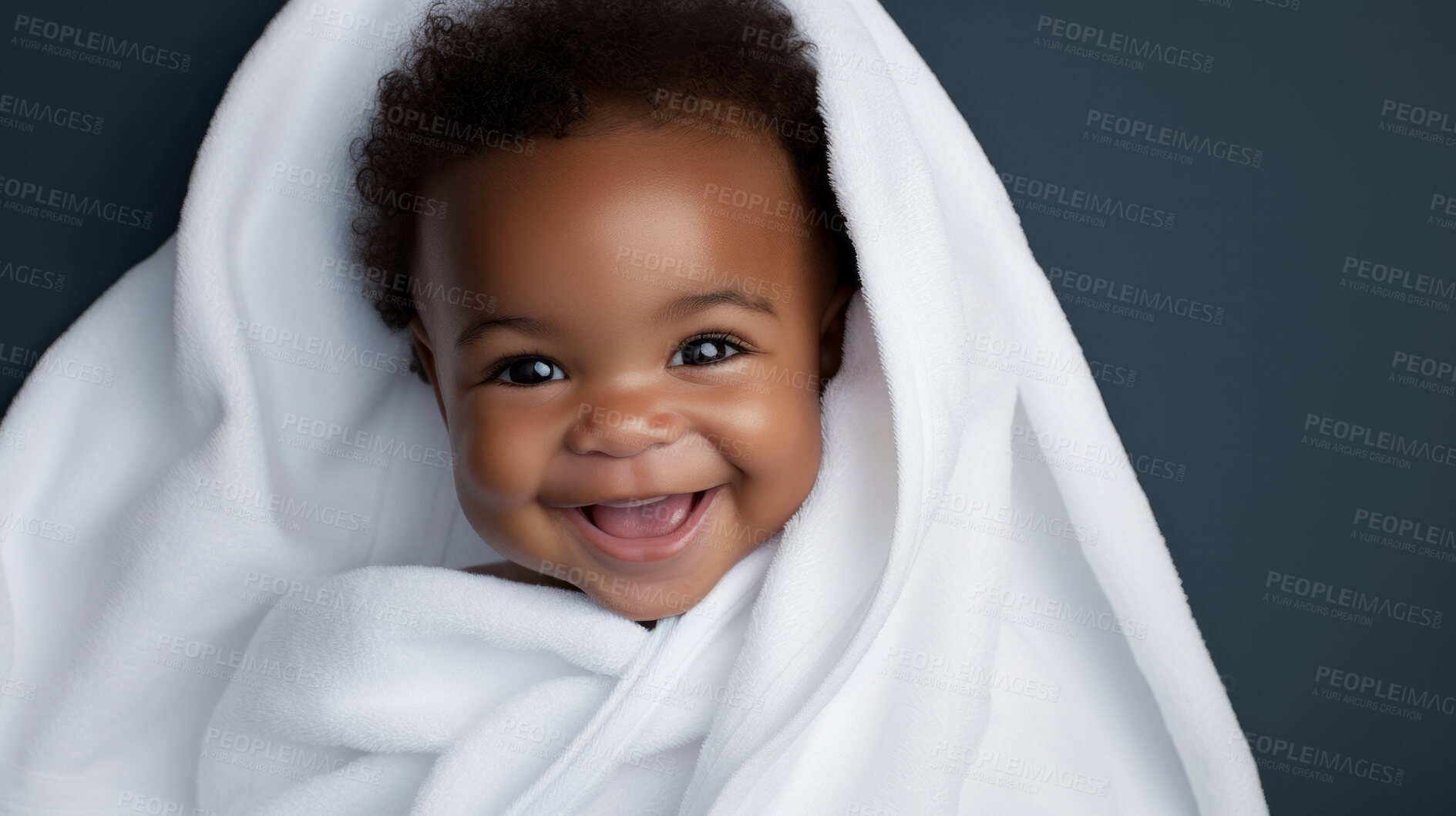 Buy stock photo Portrait of a happy baby wrapped in a towel or blanket. Toddler smiling after bath time