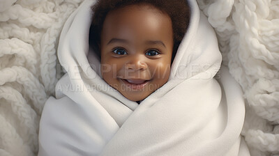 Buy stock photo Portrait of a happy baby wrapped in a towel or blanket. Toddler smiling after bath time