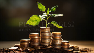 Plants growing on a pile of coins. Finance, banking and investment concept.