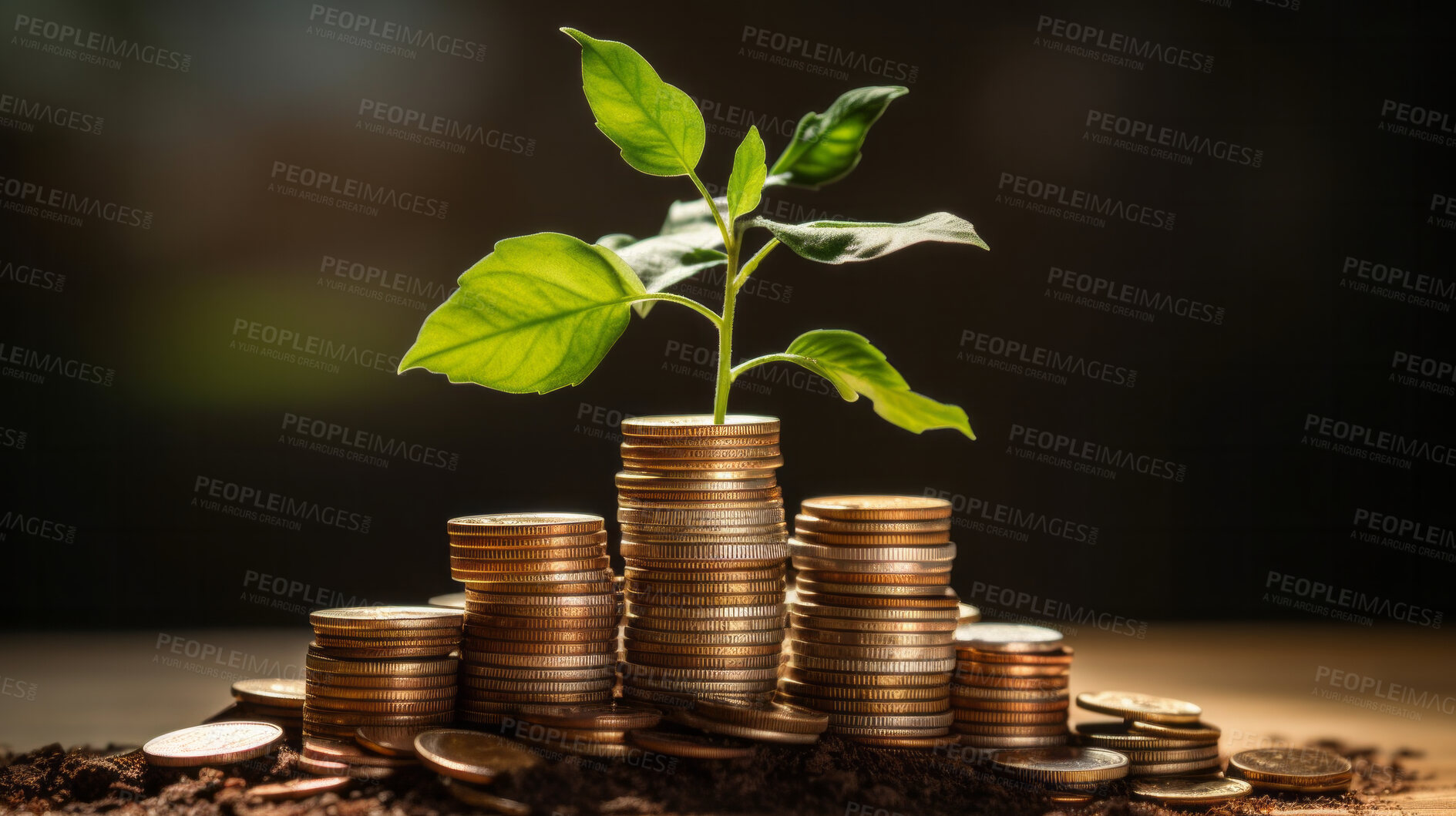 Buy stock photo Plants growing on a pile of coins. Finance, banking and investment concept.