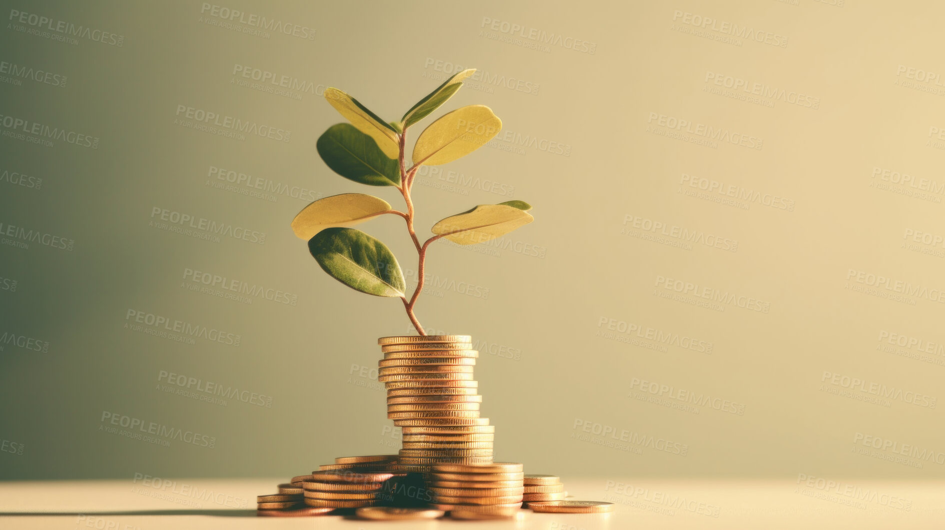 Buy stock photo Plants growing on a pile of coins. Finance, banking and investment concept.