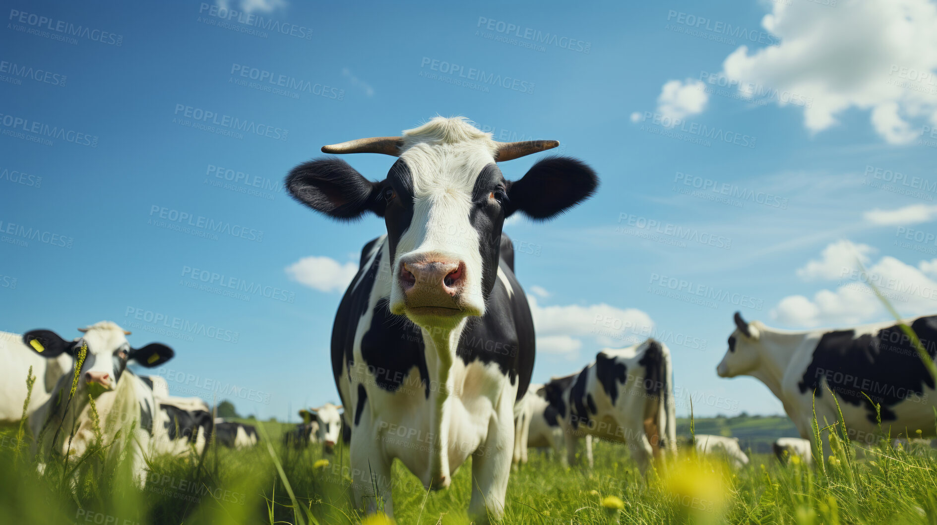 Buy stock photo Herd of cows in a field. Livestock, sustainable and herd of cattle on a farm