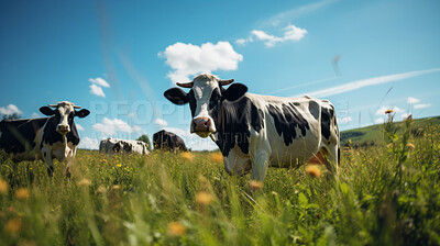 Buy stock photo Herd of cows in a field. Livestock, sustainable and herd of cattle on a farm