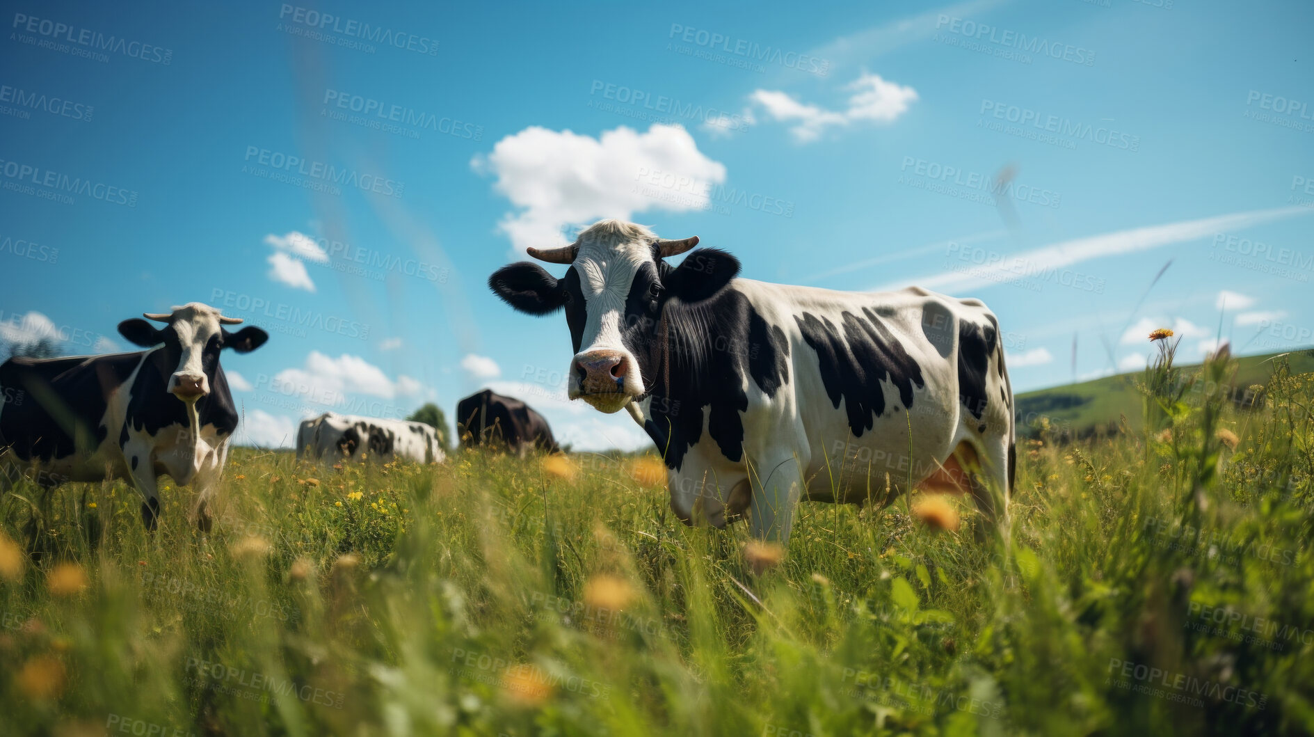 Buy stock photo Herd of cows in a field. Livestock, sustainable and herd of cattle on a farm