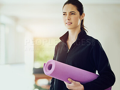 Buy stock photo Cropped shot of an attractive young woman on her way to yoga