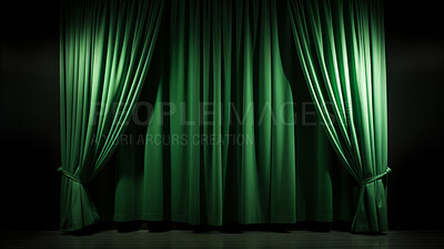 Buy stock photo Empty theater stage with green velvet curtains. Spotlight showtime copy space