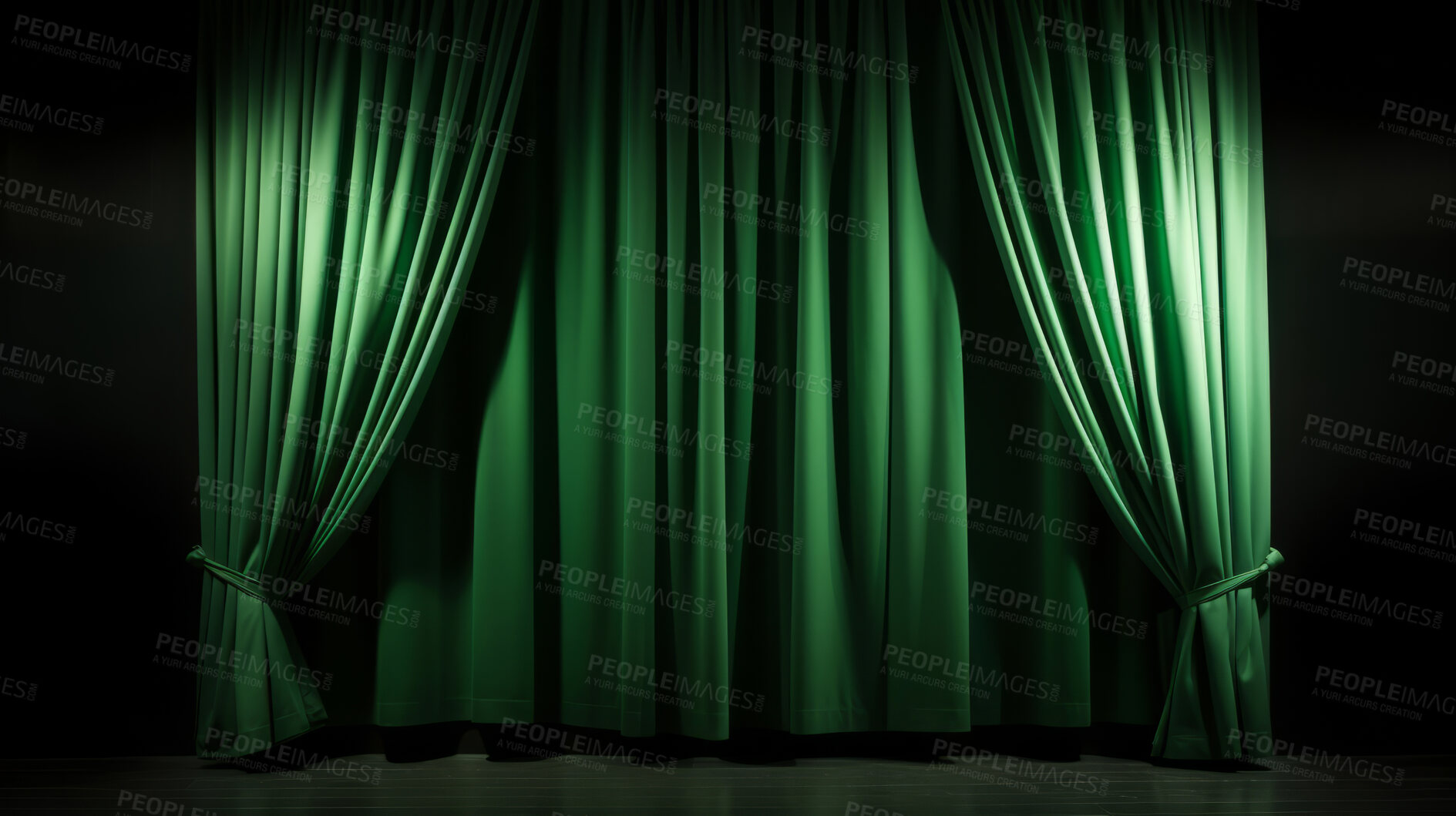 Buy stock photo Empty theater stage with green velvet curtains. Spotlight showtime copy space