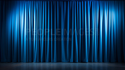 Buy stock photo Empty theater stage with blue velvet curtains. Spotlight showtime copy space