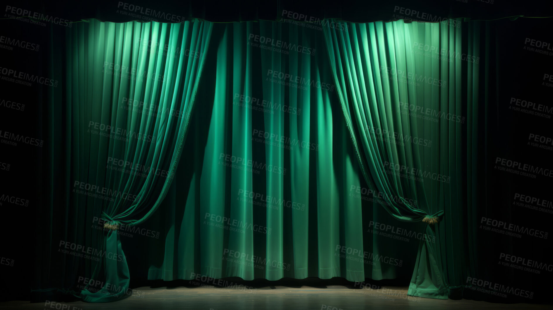 Buy stock photo Empty theater stage with green velvet curtains. Spotlight showtime copy space