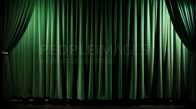Empty theater stage with green velvet curtains. Spotlight showtime copy space