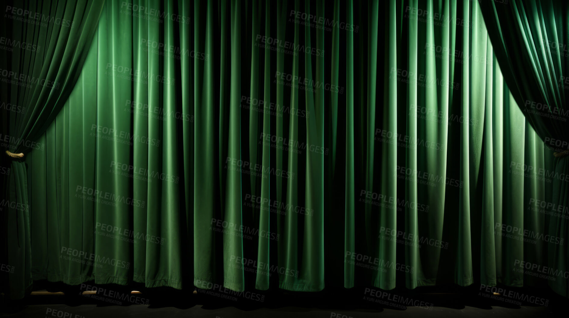 Buy stock photo Empty theater stage with green velvet curtains. Spotlight showtime copy space