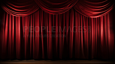 Buy stock photo Empty theater stage with red velvet curtains. Spotlight showtime copy space