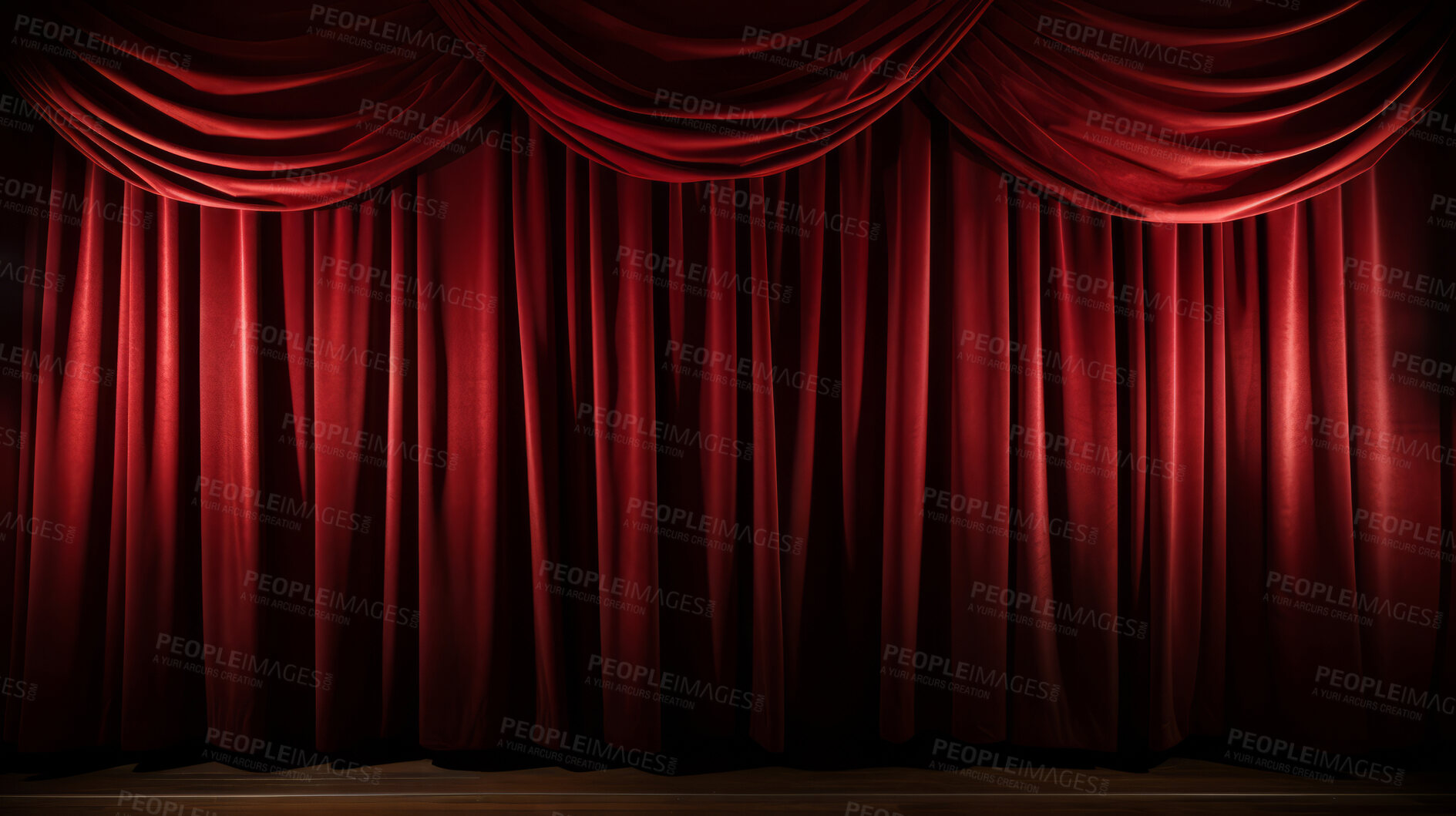 Buy stock photo Empty theater stage with red velvet curtains. Spotlight showtime copy space