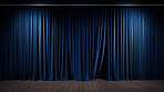 Empty theater stage with blue velvet curtains. Spotlight showtime copy space