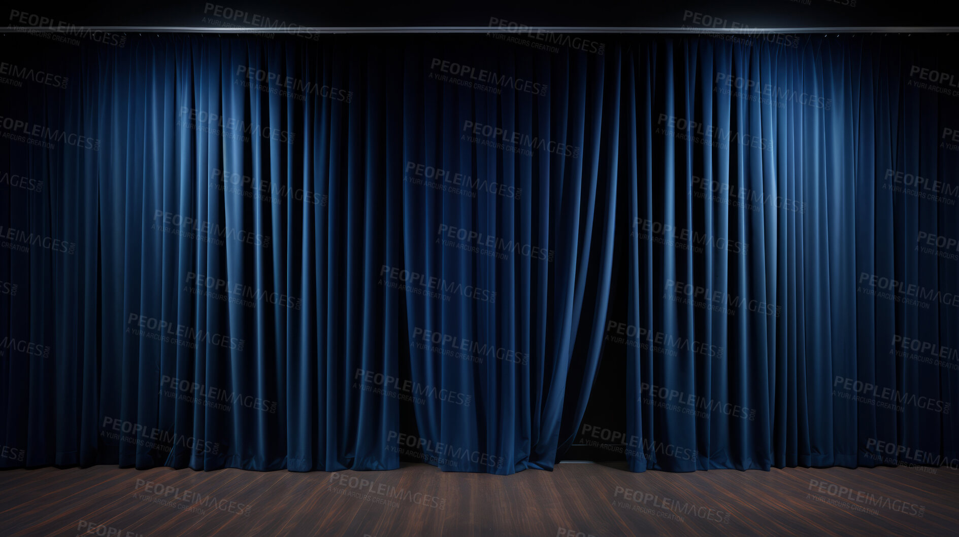 Buy stock photo Empty theater stage with blue velvet curtains. Spotlight showtime copy space