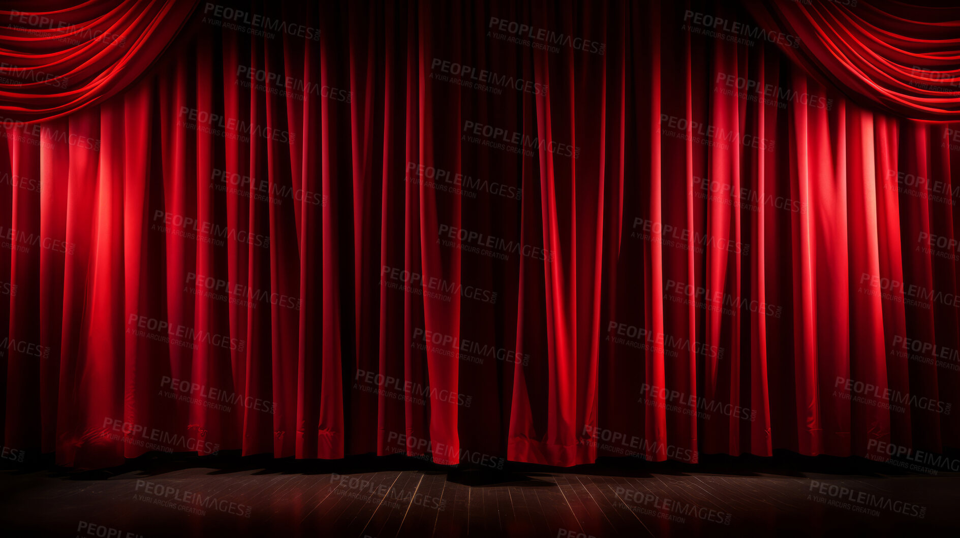 Buy stock photo Empty theater stage with red velvet curtains. Spotlight showtime copy space