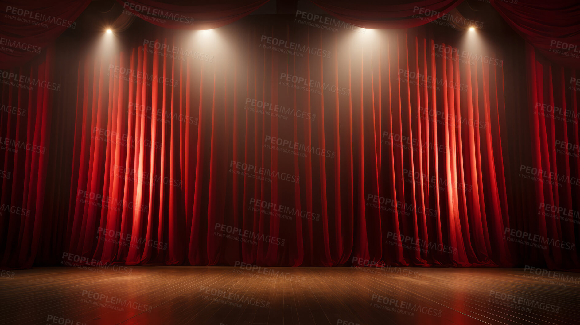 Buy stock photo Empty theater stage with red velvet curtains. Spotlight showtime copy space