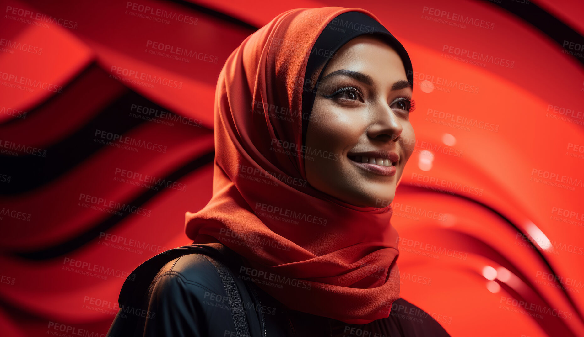 Buy stock photo close up portrait of beautiful muslim woman wearing vibrant red scarf. Religion concept.