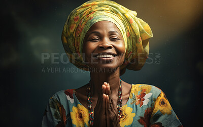 Buy stock photo Senior African woman praying. Traditional headwear. Studio backdrop. Religion concept.