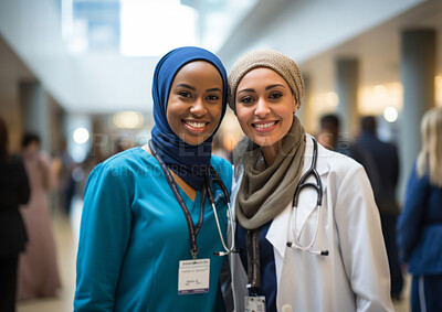 Buy stock photo Portrait of two muslim women health concept. Doctors posing wearing hijab. Religion concept.