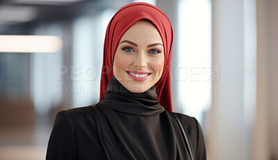Buy stock photo Portrait of professional muslim woman, office backdrop. Wearing hijab. Religion concept.
