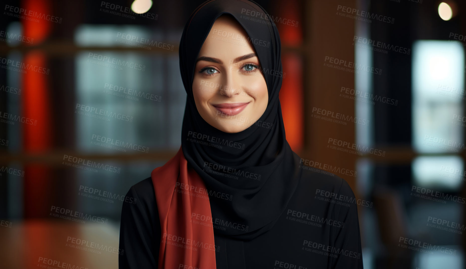 Buy stock photo Portrait of muslim woman smiling. Wearing black hijab.Religion concept.