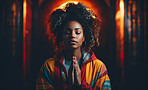 African American woman praying in church.wearing causal outfit. Religion Concept.