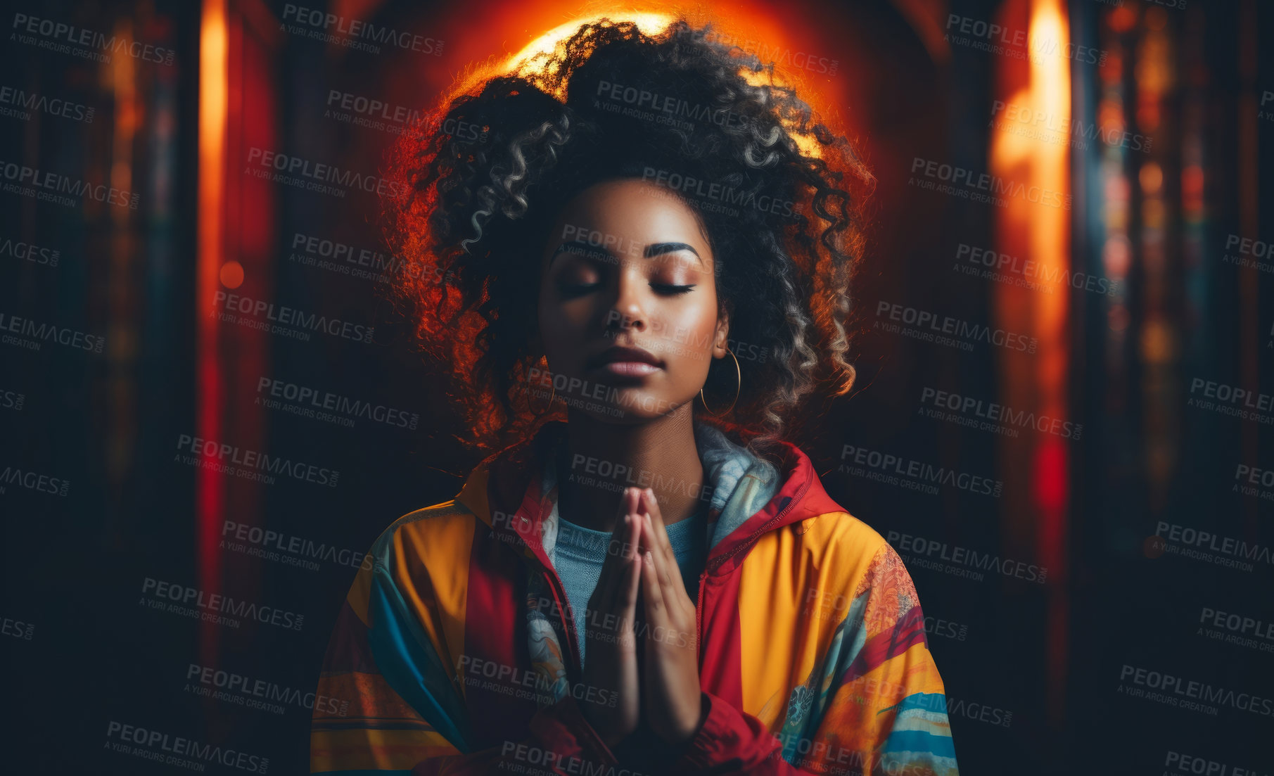 Buy stock photo African American woman praying in church.wearing causal outfit. Religion Concept.