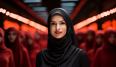 Buy stock photo Portrait of muslim women standing in middle of group. Religion concept