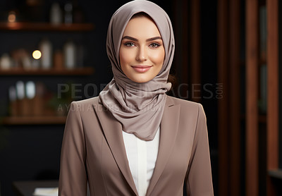 Buy stock photo Portrait of professional muslim woman, office backdrop. Wearing hijab. Religion concept.