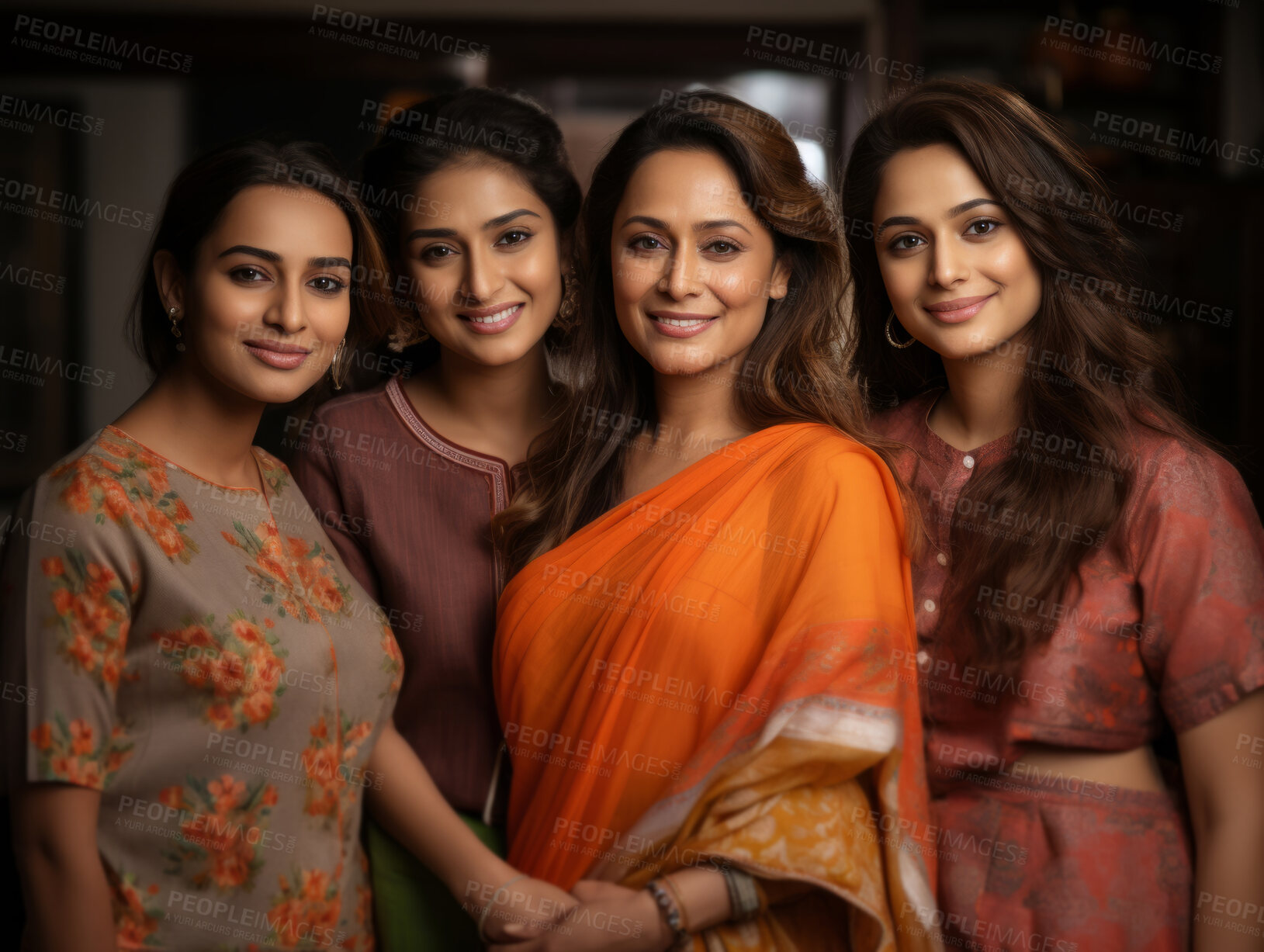 Buy stock photo Proud Indian mother with daughters wearing traditional attire. Posing in home.