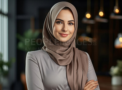 Buy stock photo Portrait of muslim woman posing arms folded. Wearing hijab. Religion concept.