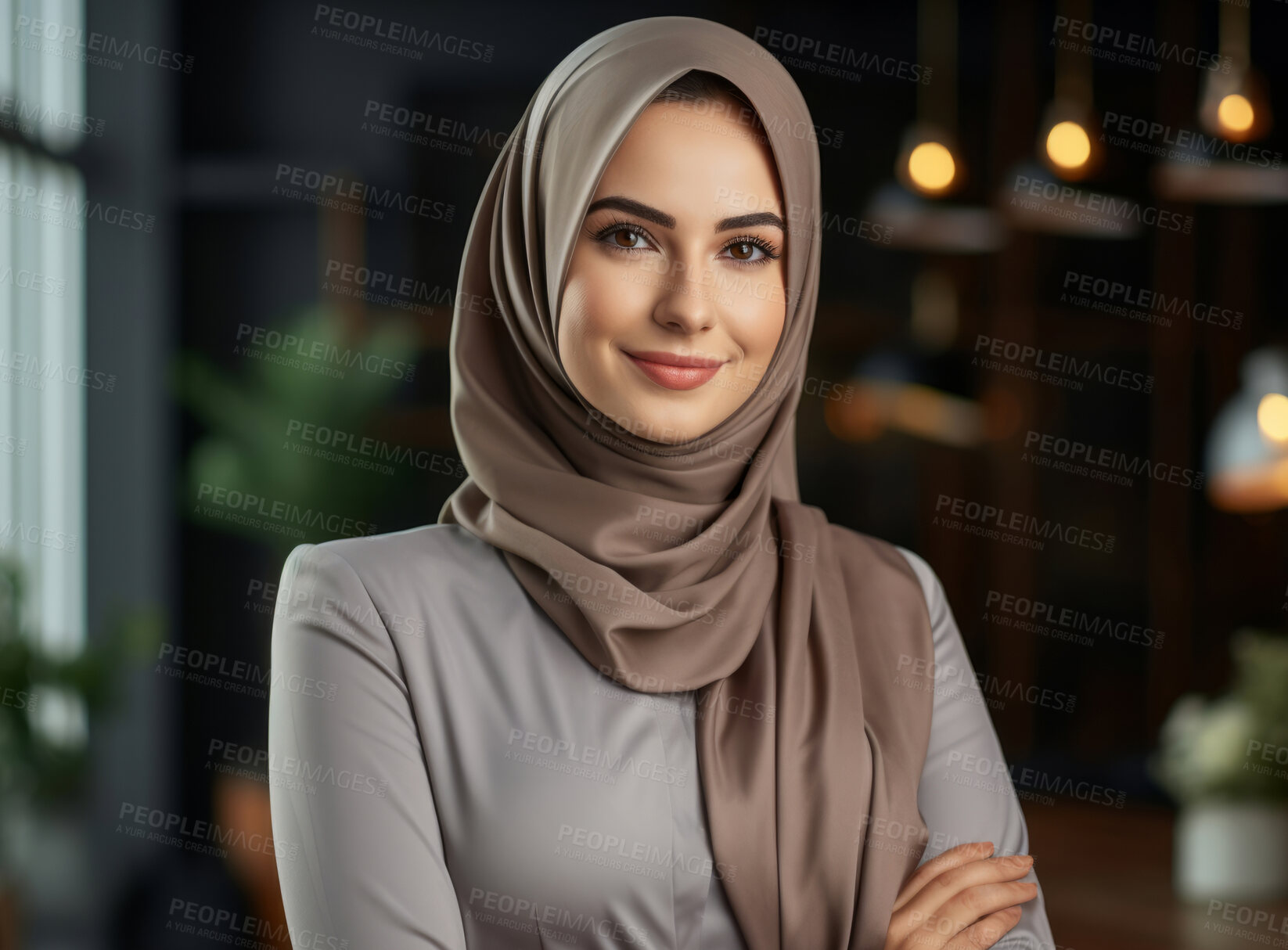Buy stock photo Portrait of muslim woman posing arms folded. Wearing hijab. Religion concept.