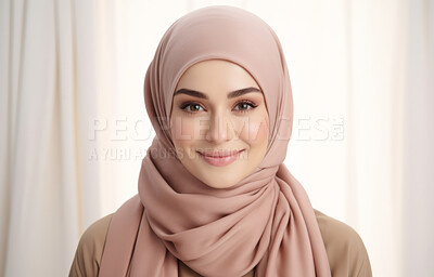 Buy stock photo Portrait of young smiling muslim woman on clear backdrop. Wearing hijab. Religion concept.