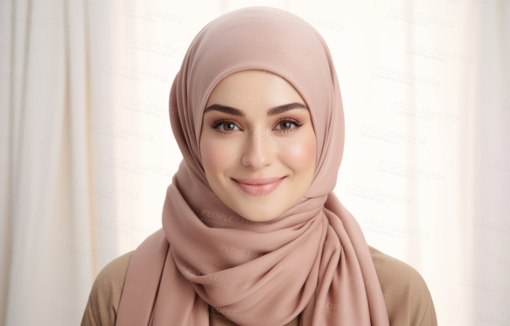 Buy stock photo Portrait of young smiling muslim woman on clear backdrop. Wearing hijab. Religion concept.