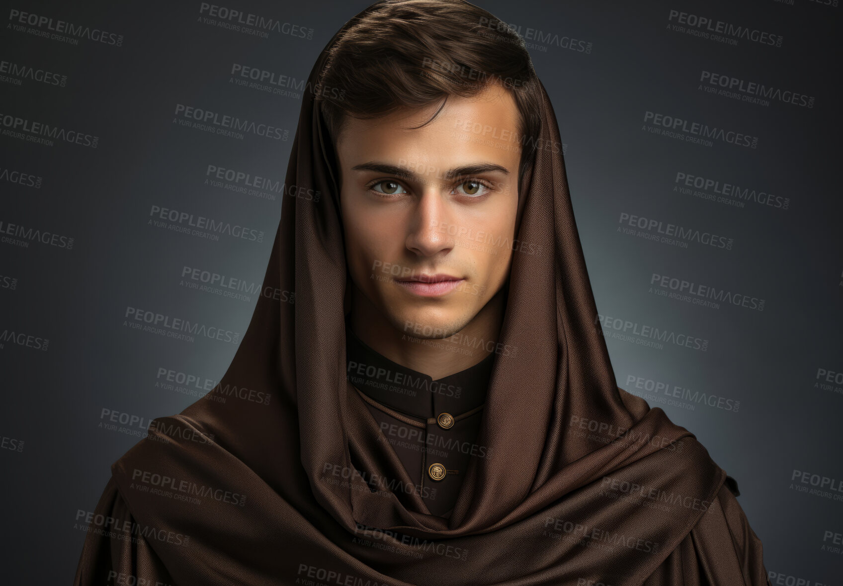 Buy stock photo Studio portrait of young priest. Wearing monk robe. Religion concept