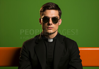 Buy stock photo Studio portrait of young priest in fashion concept. Vibrant colour. Religion concept.