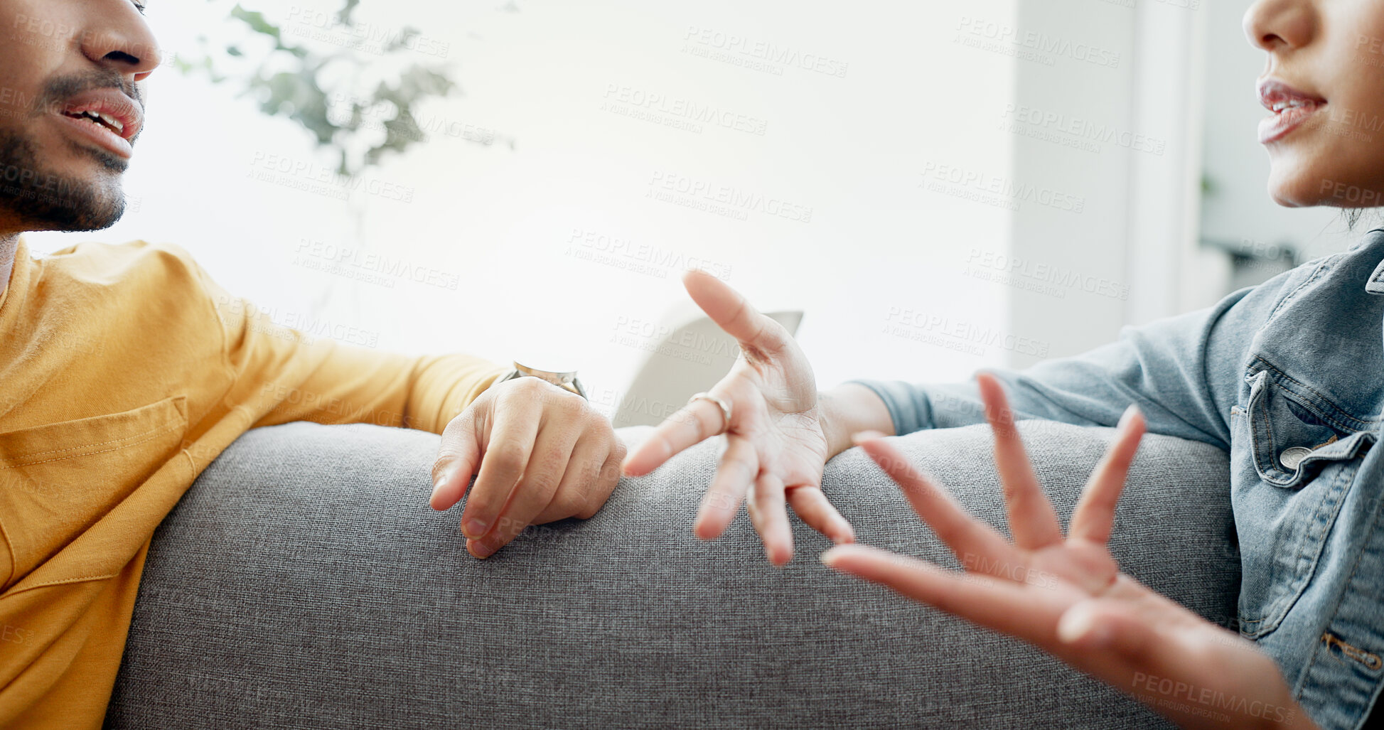 Buy stock photo Hands, fight and couple angry on a couch together with drama, argument and toxic relationship in a home. Unhappy, divorce and man with marriage problem with woman and stress in a living room sofa