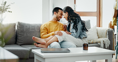 Buy stock photo Happiness, forehead touch and couple relax, love and smile for intimate bond, care and connect with wife, husband or partner. Romance, support and happy man, woman or home people sit on lounge couch