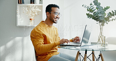 Buy stock photo Remote work, laptop and happy business man typing for online project, planning and internet website. Working from home, small business and person on computer for networking, research and proposal