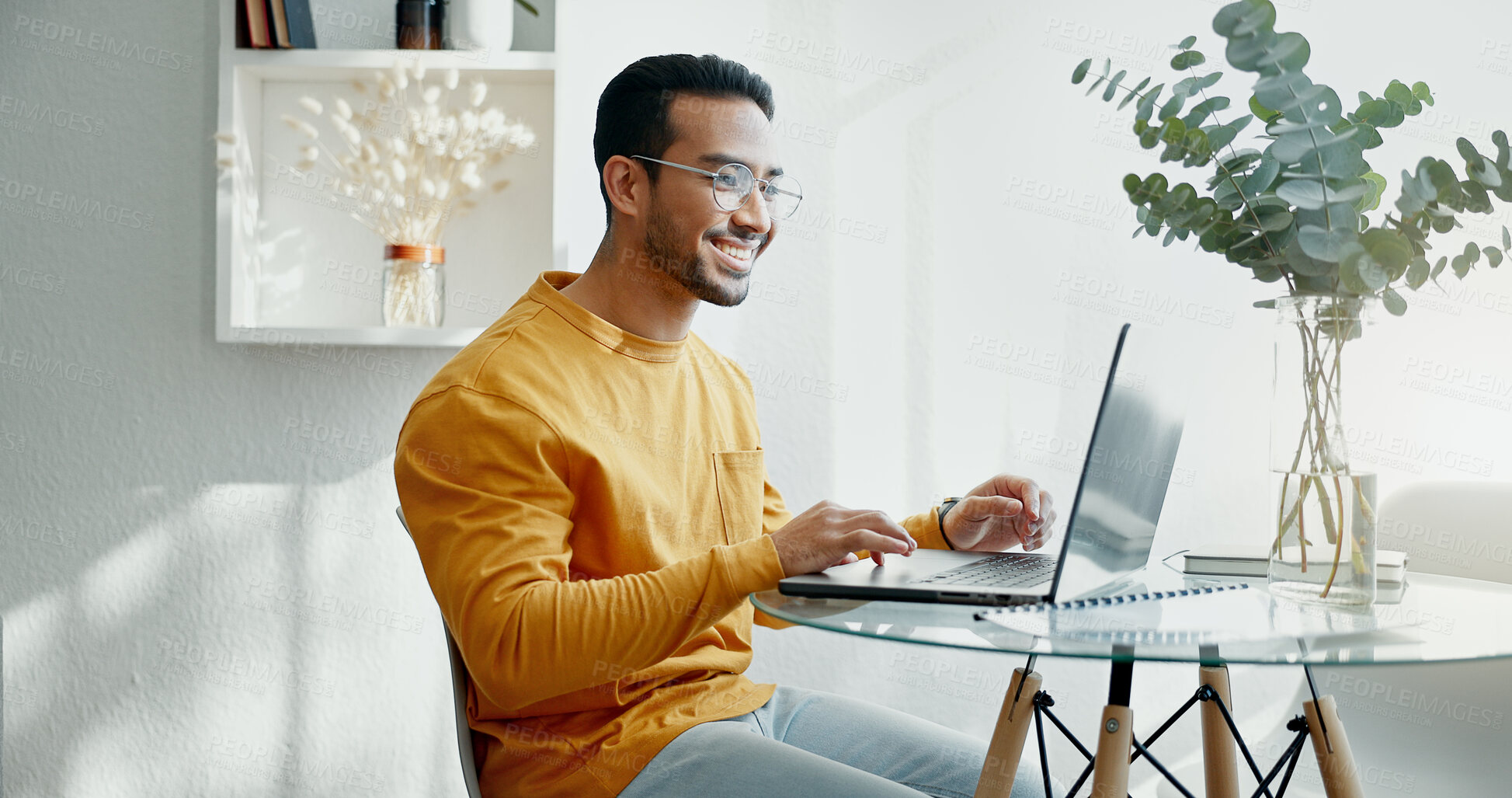 Buy stock photo Remote work, laptop and happy man typing for online project, freelance planning and article. Working from home, small business and male person on computer for networking, research and blog proposal
