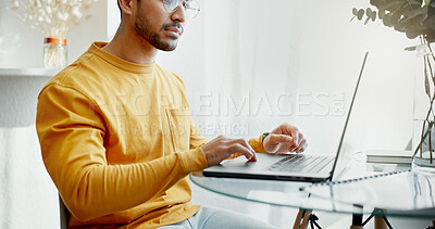 Buy stock photo Remote work, laptop and business man in house typing for online project, planning and internet website. Working from home, small business and person on computer for networking, research and proposal