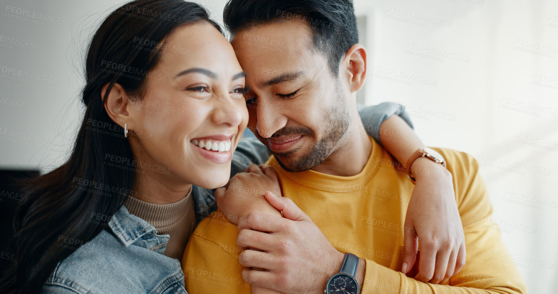 Buy stock photo Home, face and happy couple hug, care and smile for romantic bond, relationship security and support. Trust, love commitment and marriage people, man or woman hugging husband, boyfriend or partner