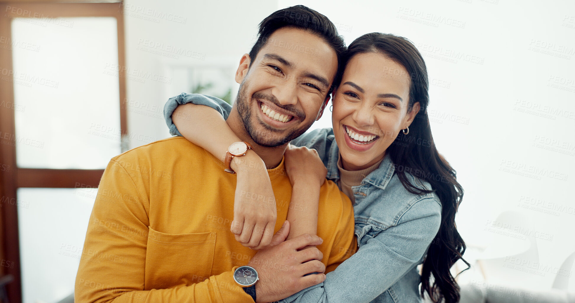 Buy stock photo Happiness, home portrait and couple hug, love and smile for relationship bond, care and support for marriage partner. Trust, romance and happy Mexican man, woman or people embrace in apartment lounge