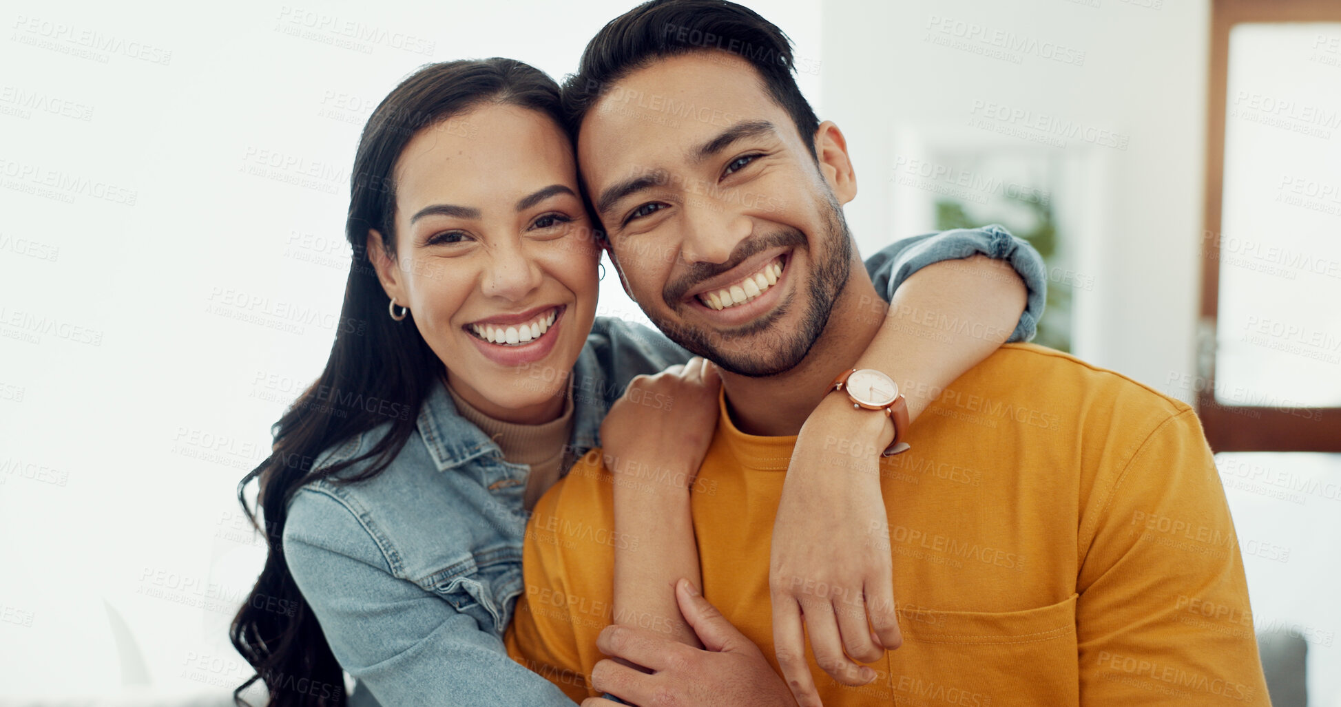 Buy stock photo Portrait, face and couple hug, smile and care with romantic bond, relationship trust and happiness in Brazil lounge. Home love, weekend together and marriage people, man or woman embrace partner