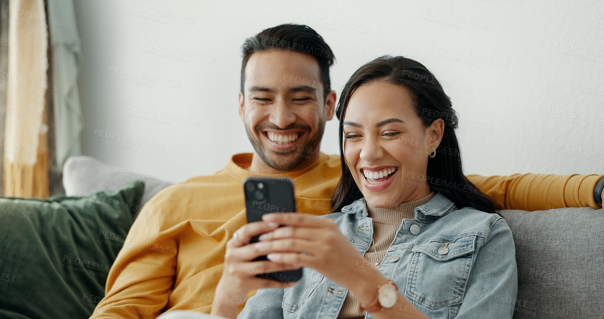 Buy stock photo Home, smile and couple with a smartphone, typing and connection with social media, funny meme and website info. People, man and woman with a cellphone, internet and network with email notification