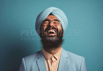 Buy stock photo Indian man wearing turban and suit. Laughing, happy Studio portrait. Religion concept.
