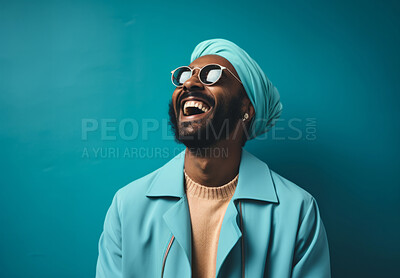 Buy stock photo Indian man wearing traditional blue turban. Laughing, happy Studio portrait. Religion concept.