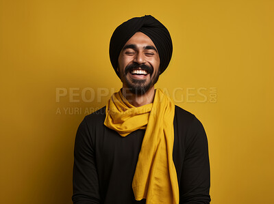 Buy stock photo Happy religious man with traditional turban with scarf. Studio portrait. Religion